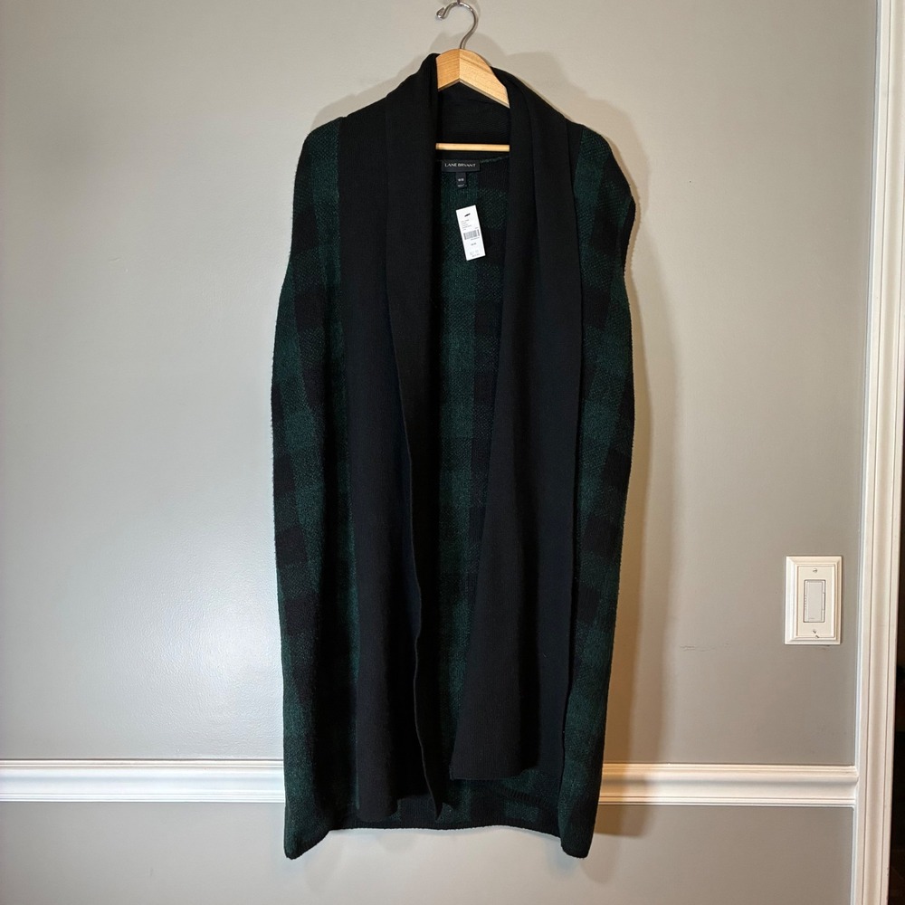 Lane Bryant Green Black Buffalo Plaid Longline Shawl Collar Cardigan Vest 18/20